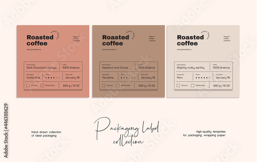 Hand drawn line art food vector packaging label design template. Boho style illustration of elegant signs and badges for cafe, restaurant, food and drinks products.
