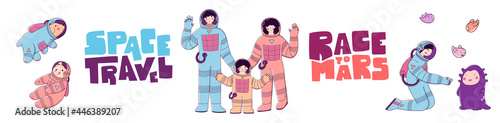 Space astronaut family. Space travel, mission to Mars, tourism, colonization of Mars.