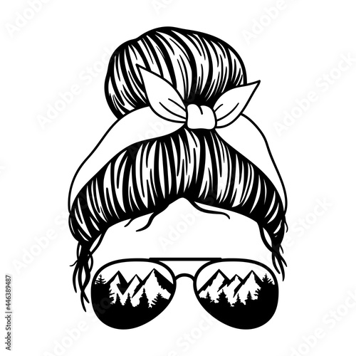 Women with aviator glasses bandana and Mountain print. Messy Bun Mom Lifestyle. Vector illustration.  Isolated on white background. Good for posters, t shirts, postcards.