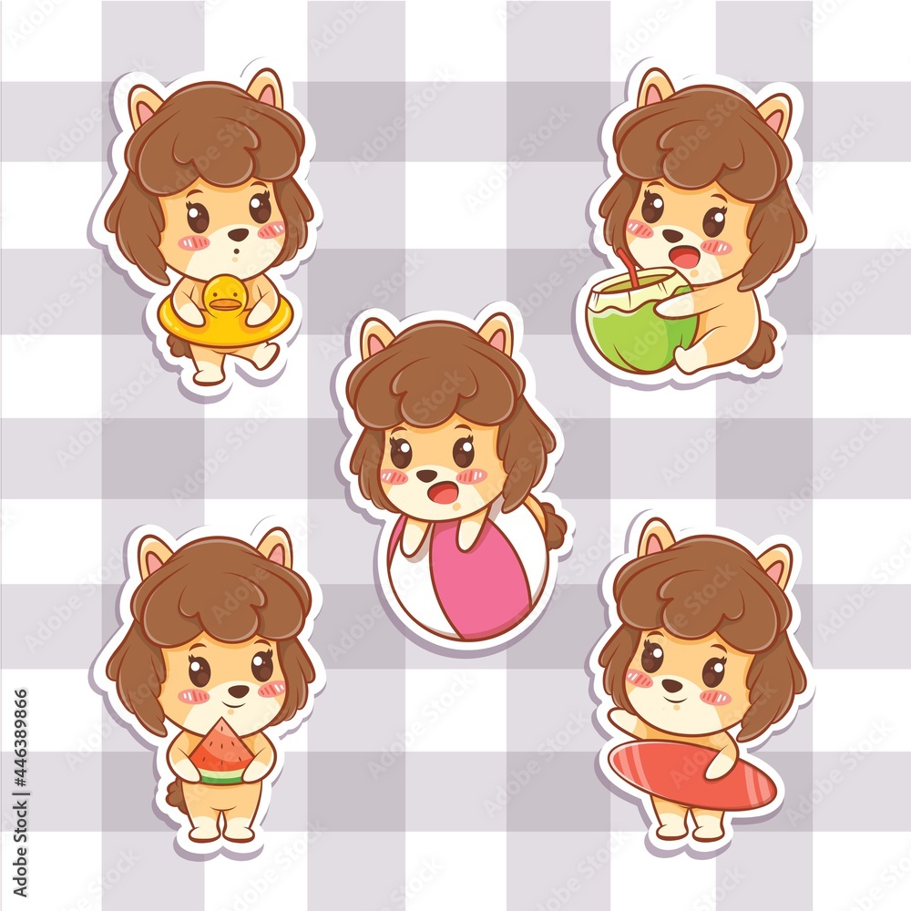 set of a cute puppy summer sticker concept