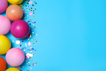 Many balloons and confetti on light blue background, flat lay with space for text. Birthday decor