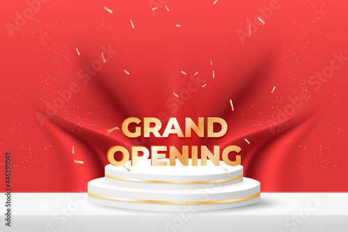 grand opening banner with podium and confetti on red background.