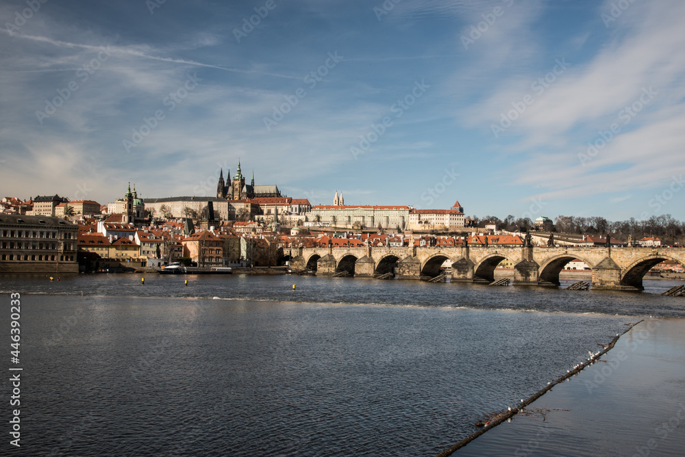 Amazing Praha city scenery with Vltava river, Karluv most bridge and Prazsky hrad castle in Czech republic