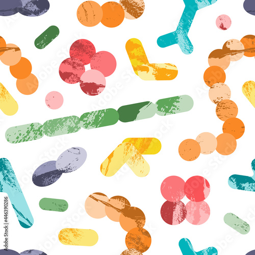 Probiotics. Lactic acid bacteria. Good microorganisms for gut and intestinal flora health. Microflora. Bifidobacterium, lactobacillus,  lactococcus, thermophilus streptococcus. Vector seamless pattern