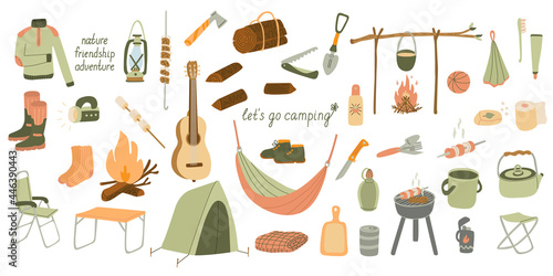 Big set of vector illustrations of tourism and camping equipment. Hand drawn flat style. Local travel  icon collection. Summer nature rest and adventure.