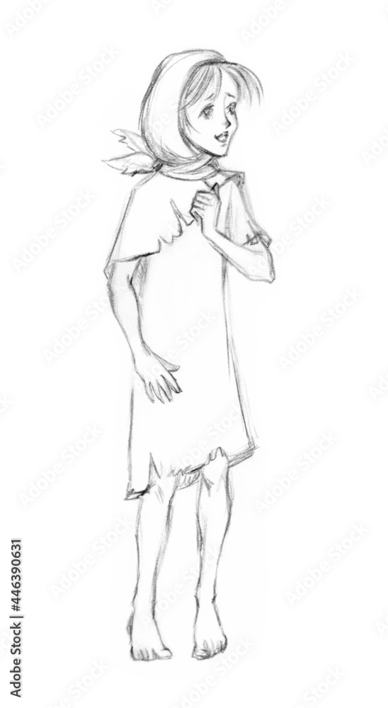 A beggar orphan child. Pencil drawing