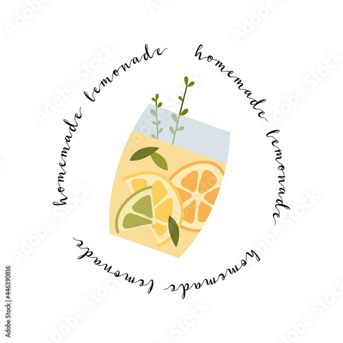 Fresh homemade lemonade, soda, mojito cocktail with lemon and mint. Summer tropic drink, cold citrus refreshing beverage in glass. Vector flat cartoon illustration. For logo, flyer, menu, sticker