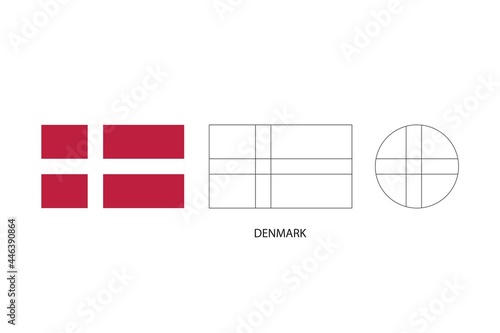 Denmark flag 3 versions, Vector illustration, Thin black line of rectangle and the circle on white background.