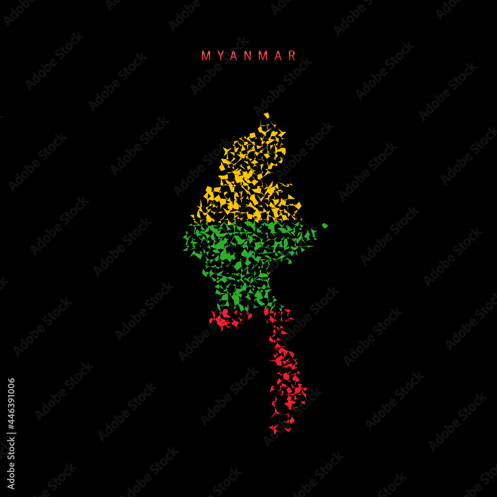Myanmar flag map, chaotic particles pattern in the Burma flag colors. Vector illustration