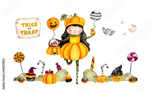 Watercolor hand drawn cute pumpkin halloween costume banner
