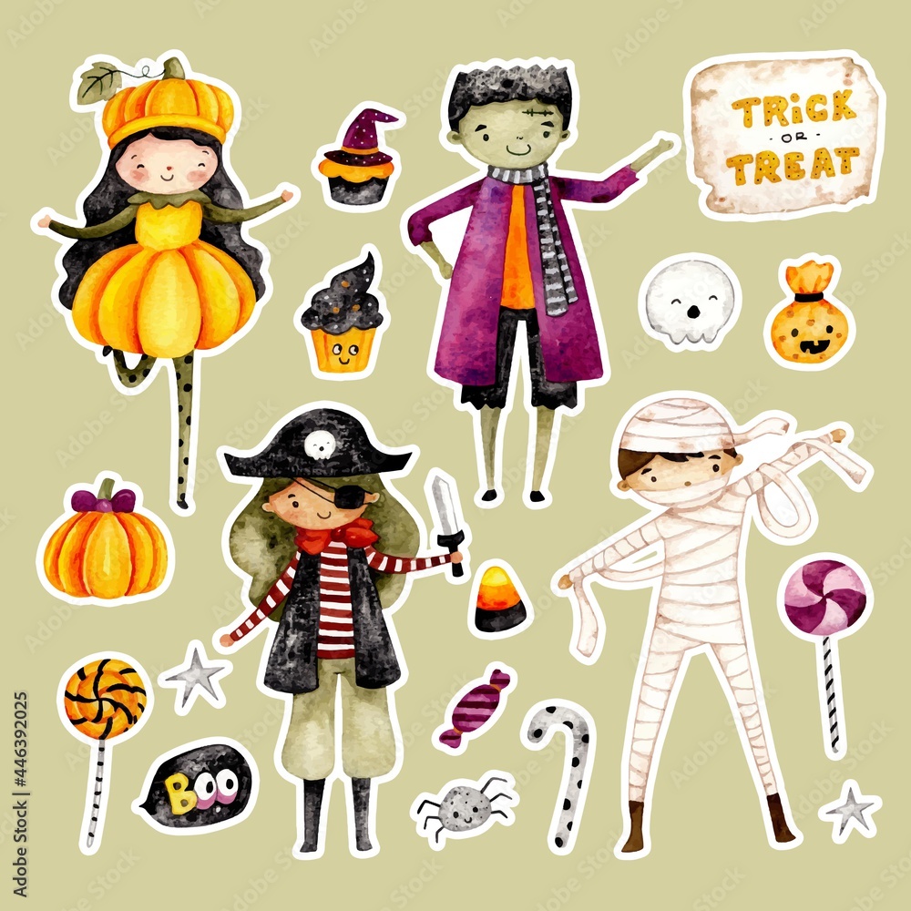 Watercolor hand drawn halloween costume sticker set