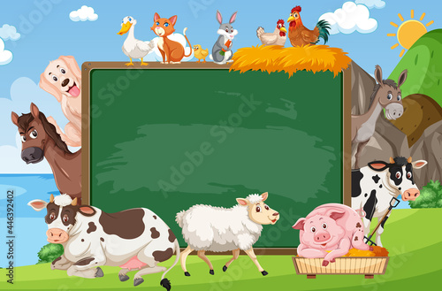 Empty blackboard with various farm animals in the forest