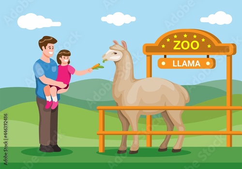 Parent with child visit zoo and feed Llama. animal education for children at the zoo illustration vector © Simply Amazing
