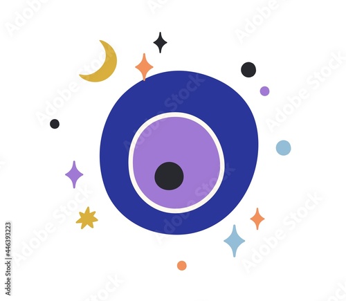 Composition of Turkish god eye looking down from heavens. Magic esoteric evil eyeball in sky watching and observing. Mystical spiritual holy symbol. Flat vector doodle illustration isolated on white