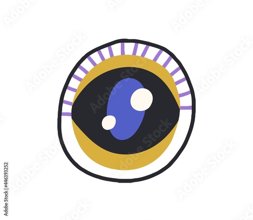 Esoteric evil eye with pupil and abstract eyelashes. Magic spiritual symbol. Mystical eyeball circle in doodle style. Modern flat vector illustration of talisman isolated on white background