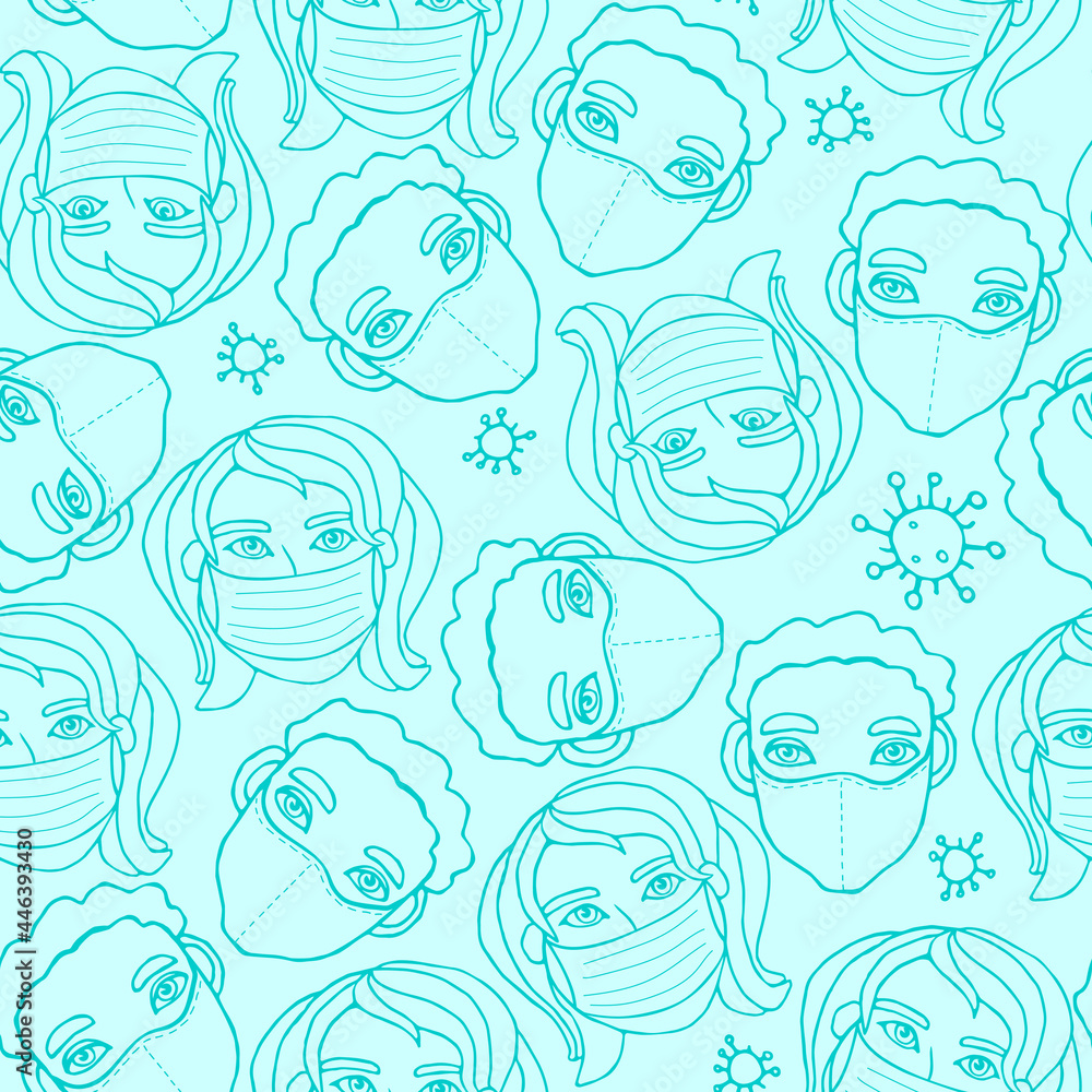 Vector seamless pattern with outline of people wearing medical ...