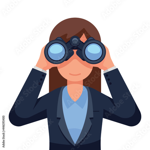 Business woman looking through binoculars searching for a job. Flat style isolated vector illustration