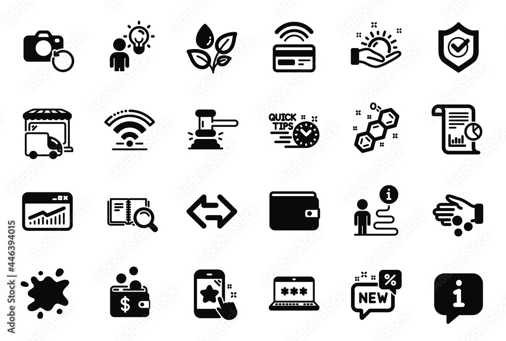 Vector Set of Business icons related to Wifi, Recovery photo and Judge hammer icons. Money wallet, Sunny weather and Donation money signs. Laptop password, Plants watering and New. Sync. Vector