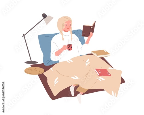 Young woman relaxing with book and cup of tea in bed. Person reading literature at home. Novel reader resting under blanket on weekend. Colored flat vector illustration isolated on white background