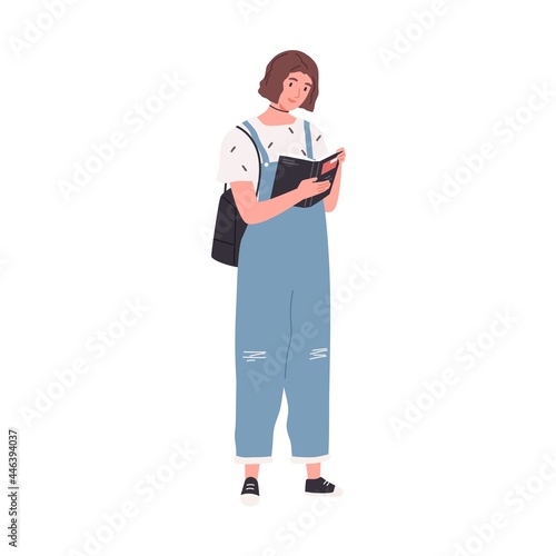 Female book fan reading literature. Young woman standing with novel in hands. Excited bookworm. Student with textbook. Flat vector illustration of focused reader isolated on white background
