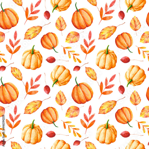 Autumn leaves and pumpkins seamless pattern. Watercolor orange botanical repeat print on white background. Fall natural background for textile, wallpaper, wrapping paper, fabric and decoration.