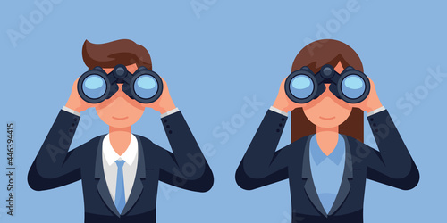 Businesswoman and businessman holding binoculars, searching for a job, Flat style isolated vector illustration