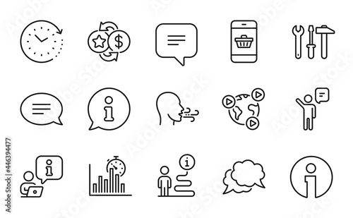 Technology icons set. Included icon as Spanner tool, Report timer, Info signs. Chat, Smartphone buying, Breathing exercise symbols. Agent, Loyalty points, Time change. Text message. Vector