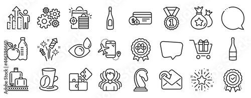 Set of Business icons, such as Best rank, Flights application, Speech bubble icons. Receive mail, Group, Champagne bottle signs. Eye drops, Marketing strategy, Payment method. Champagne. Vector