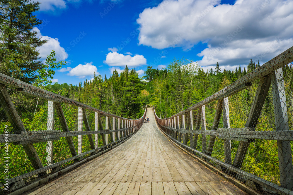Fototapeta premium View from the Rimouski river on the highest suspended footbridge in Quebec, 63 meters high and 99 meters long, located in Canyon des Portes de l'Enfer (Hell's gate Canyon) in Quebec, Canada