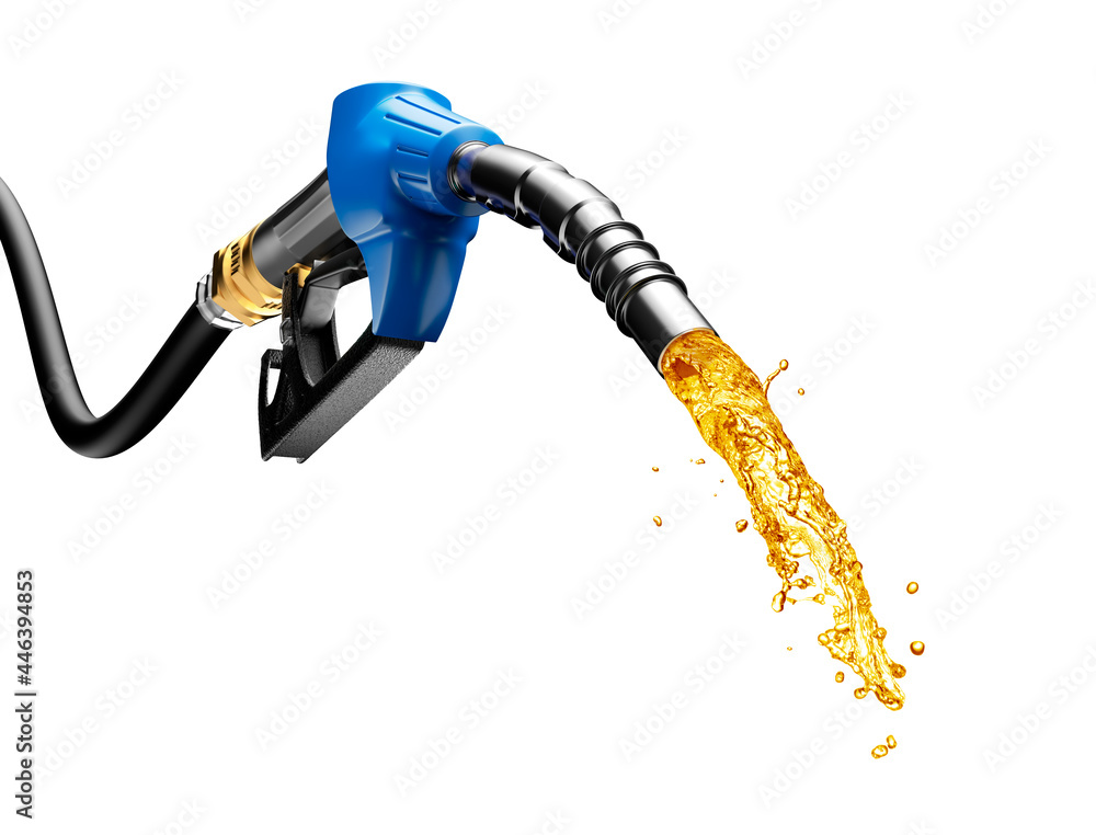 Gasoline gushing out from pump isolated on white background - obrazy, fototapety, plakaty 