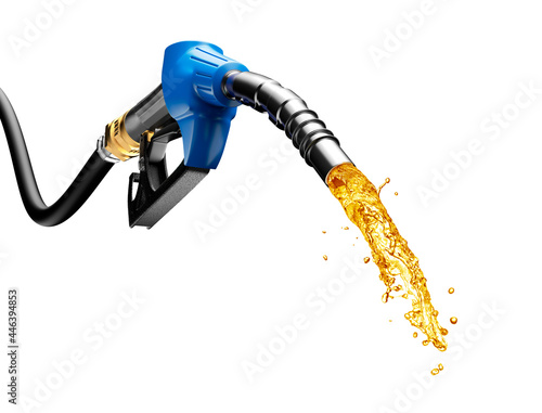 Valokuvatapetti Gasoline gushing out from pump isolated on white background