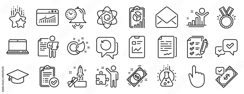 Set of Education icons, such as Chemistry lab, Time management, Innovation icons. Mail, Document signature, Job interview signs. Hand click, Approved report, Winner. Approve, Strategy. Vector