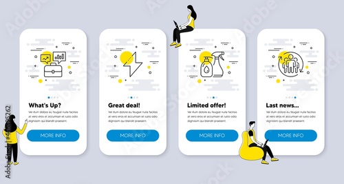 Set of Business icons, such as Cleaning liquids, Business portfolio, Energy icons. UI phone app screens with people. Teamwork line symbols. Antiseptic soap, Job interview, Thunderbolt. Vector