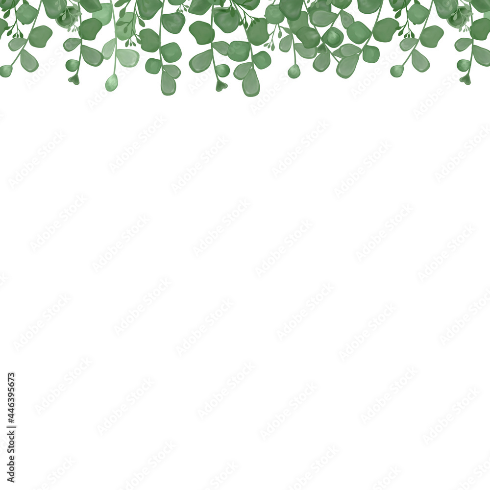 Frame with eucalyptus leaves. A greeting card. An invitation card. Wedding elements. An illustration for printing. Green Twigs. Frame with eucalyptus leaves. A greeting card. An invitation card. Wedding elements. An illustration for printing. Green Twigs.