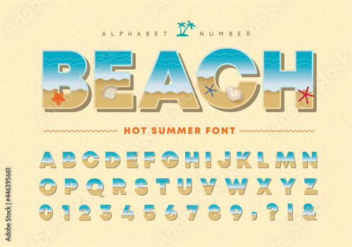 Summer beach alphabet and number set. Seashore landscape font or typography. Starfish and seashells flat design. Tropical summer typeface for poster, invitation, greeting card, postcard, travel, etc.