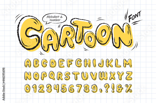 Cartoon font. Yellow comic doodle alphabet and number set. Hand drawn cute funny typography for headline, poster, graphic layout, scrapbook, social web, children book, etc. 