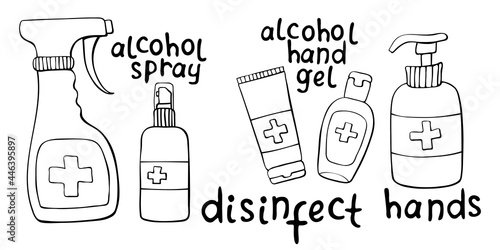 Set of bottles gel, spray hand sanitizers with lettering. Antiseptic dispenser disinfects, protects from coronavirus bacteria. Vector outline cliparts in flat doodle style isolated