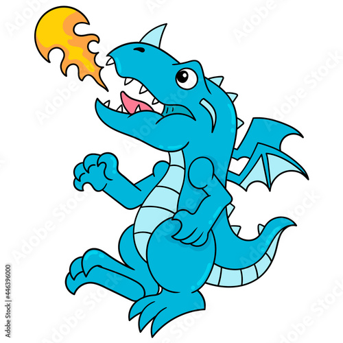 fierce dragon spouts fire to burn, doodle icon image kawaii