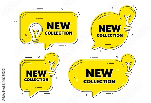 New collection text. Idea yellow chat bubbles. New fashion arrival sign. Advertising offer symbol. New collection chat message banners. Idea lightbulb balloons. Vector