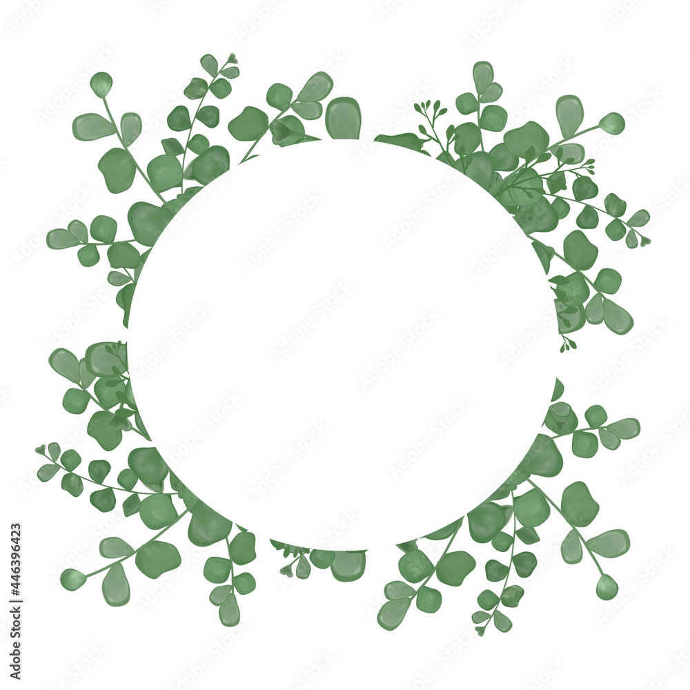 Frame with eucalyptus leaves. A greeting card. An invitation card. Wedding elements. An illustration for printing. Green Twigs. Frame with eucalyptus leaves. A greeting card. An invitation card. Wedding elements. An illustration for printing. Green Twigs.