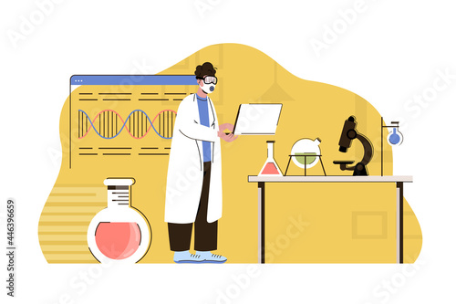 Biological discoveries concept. Scientist is engaged in research in laboratory situation. Microbiological tests people scene. Vector illustration with flat character design for website and mobile site