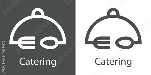 Logotipo con texto Catering con tapadera de bandeja de comida con tenedor y cuchara con lineas en fondo gris y fondo blanco