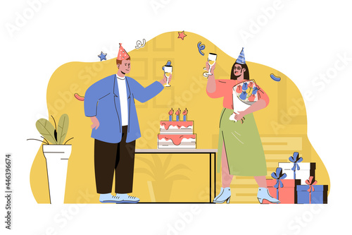 Birthday party concept. Man congratulates woman  gives her flowers bouquet situation. Festive event with cake people scene. Vector illustration with flat character design for website and mobile site