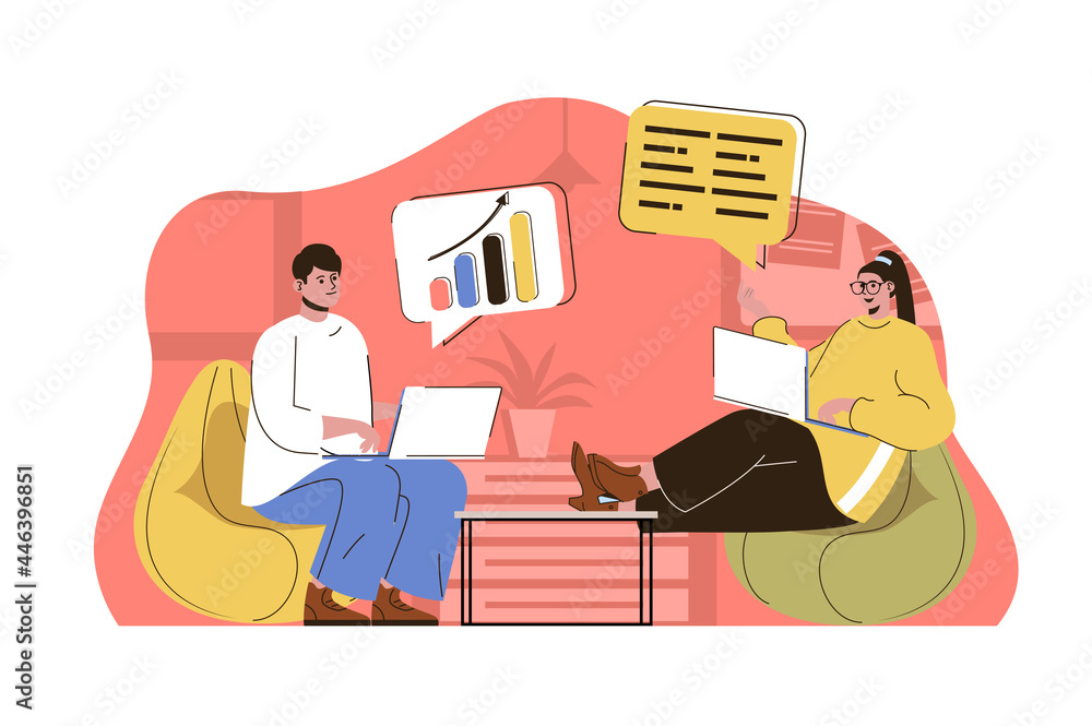 Business meeting concept. Colleagues discuss tasks, analyze report with data statistics situation. Teamwork people scene. Vector illustration with flat character design for website and mobile site