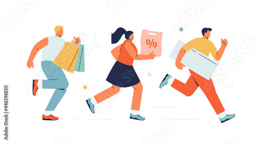 Running hurrying people with purchases in their hands. Sale, discounts, black Friday. Vector Web Banner