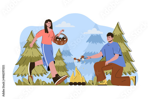 Caravan camping concept. Couple resting in forest, picking mushrooms and frying on campfire situation. Hiking people scene. Vector illustration with flat character design for website and mobile site