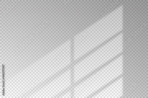 Shadow blinds. Sun light from window. Overlay effect. Shade jalousie transparent. Isolated background. Window blind. Reflection shadows on wall. Realistic soft shade. Horizontal shading mockup. Vector
