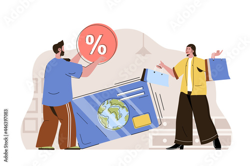 Cashless payments concept. Woman pays for purchases with credit card at online banking situation. Shopping people scene. Vector illustration with flat character design for website and mobile site