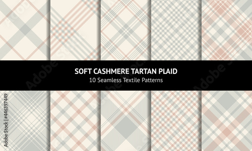 Check plaid pattern set in grey, pink, beige. Seamless spring autumn winter textured soft cashmere tartan vector for flannel shirt, blanket, scarf, coat, jacket, dress, other modern fabric design.