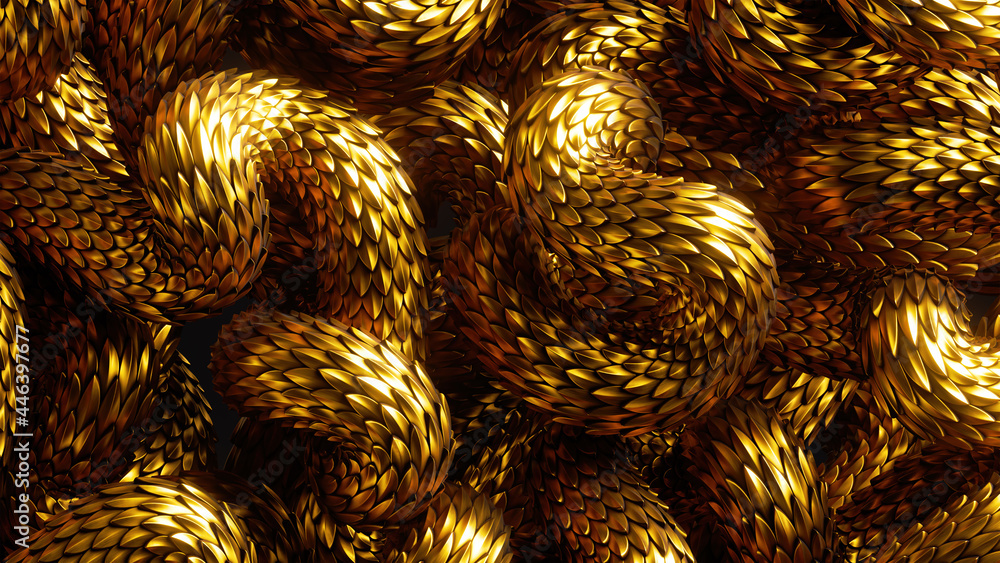 3d render, abstract fantasy background with wavy tangled golden snakes,  shiny metallic dragon scales texture, fashion wallpaper Stock Illustration  | Adobe Stock